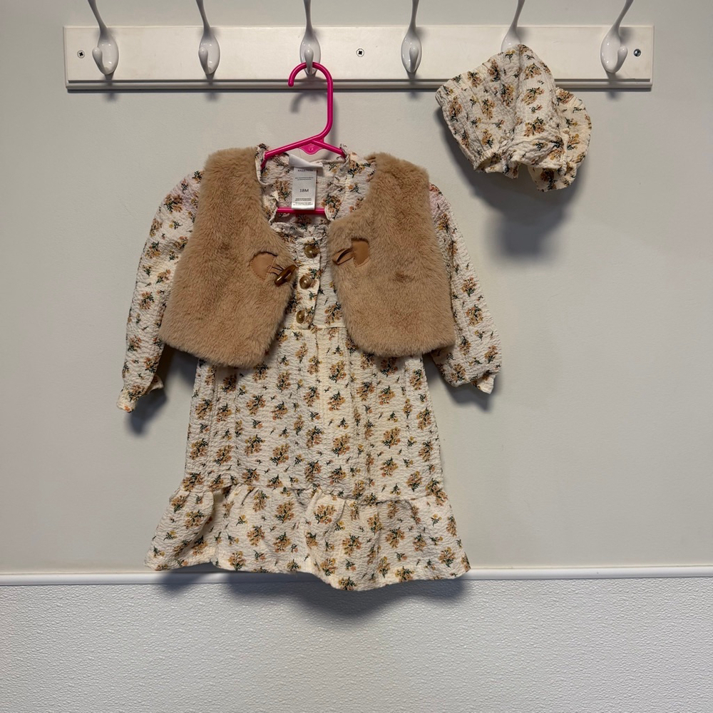 Girls Daisy Fuentes Casual Dress 18 Months White Floral with Brown Vest Bloomers - Picture 14 of 14